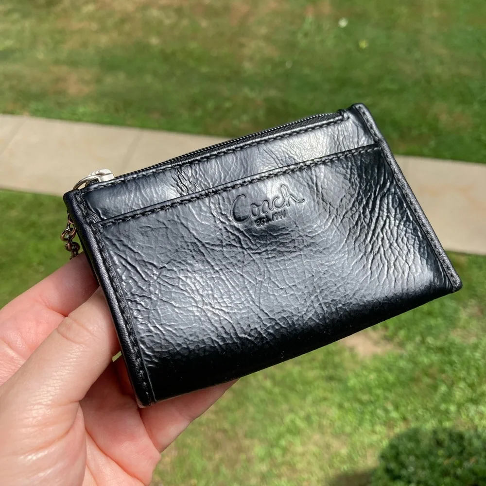 Coach Soft Black Patent Leather Key Chain Card ID Holder Bag Charm Zipper Pouch